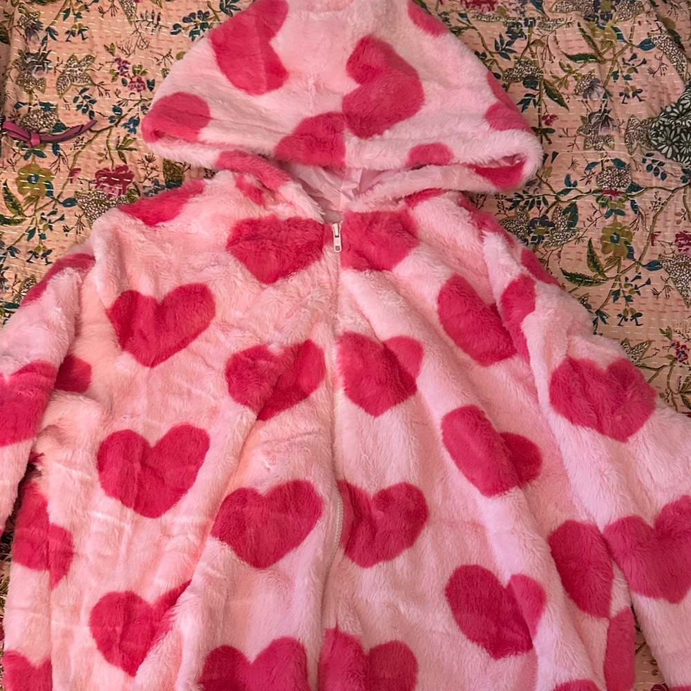 Pink Heart Patterned Zip Up Hooded Jacket